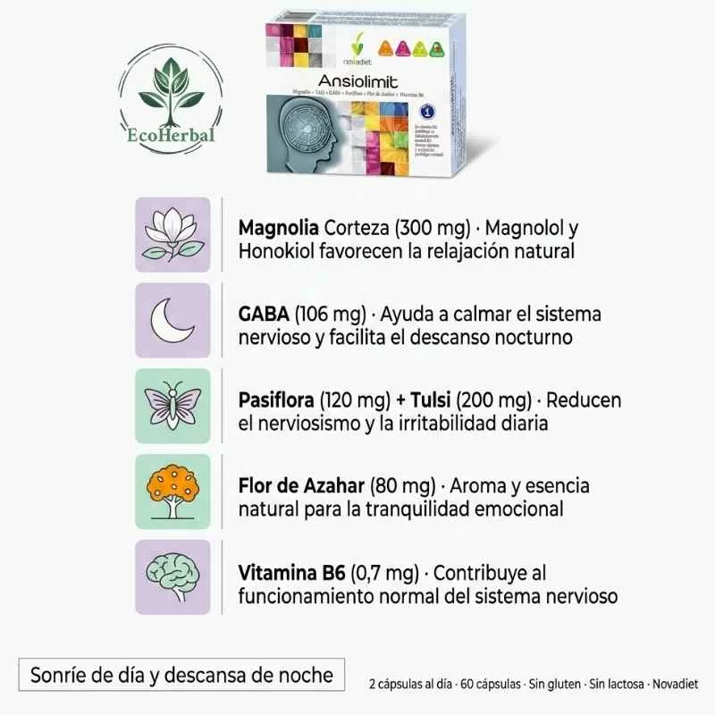 NOVADIET - Ansiolimit 60 cápsulas - sueño y estrés - Imagen 2