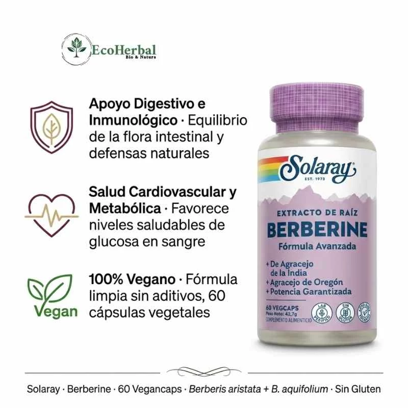 SOLARAY - Berberine 60 vegancaps - digestivo e inmunológico - Imagen 2