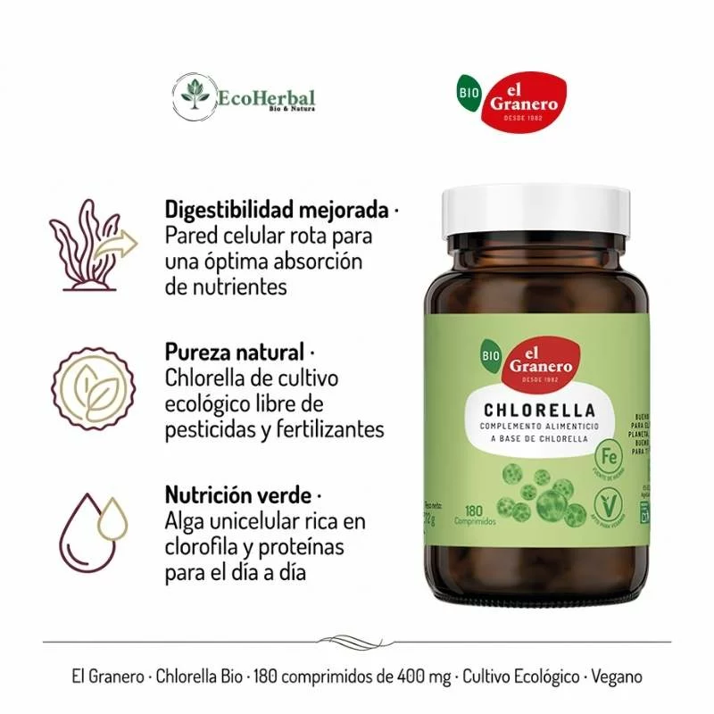 EL GRANERO - Chlorella bio 180 comp 400 mg | alga détox antioxidante - Imagen 2