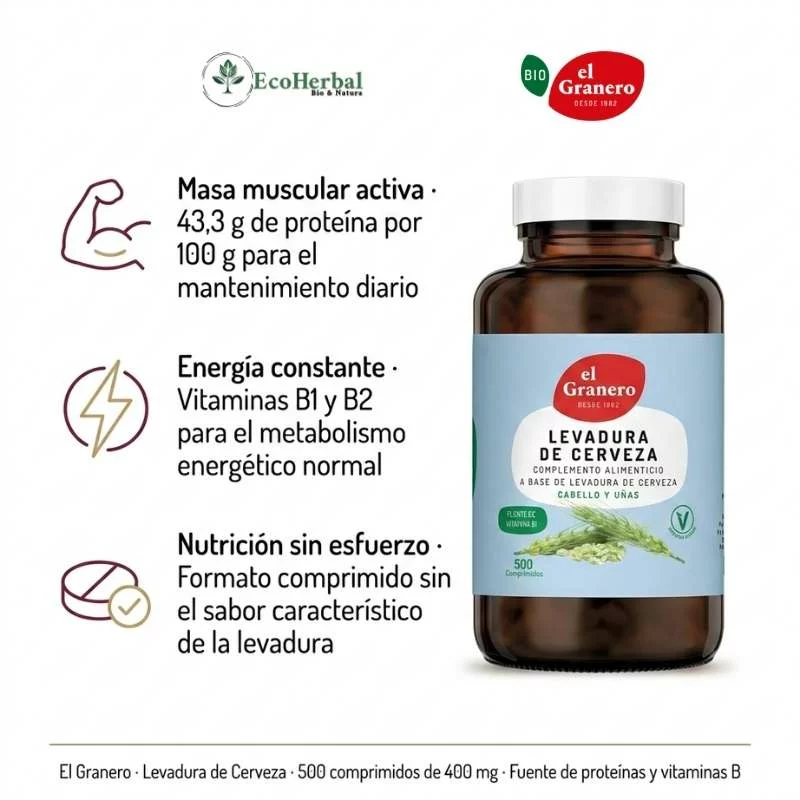 EL GRANERO - Levadura de cerveza 500 comp 400 mg - Imagen 2