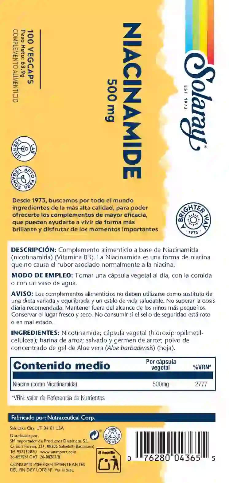 SOLARAY - Niacinamide 500mg 100 cap veg - Imagen 2