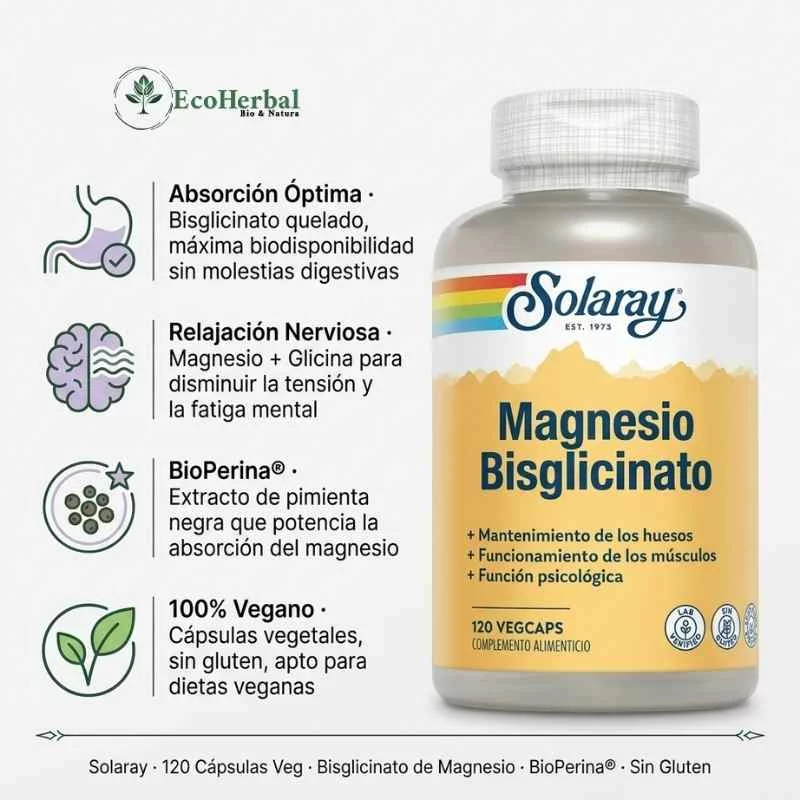 SOLARAY - Magnesio bisglicinato 120 cap veg - calma y relajación - Imagen 2