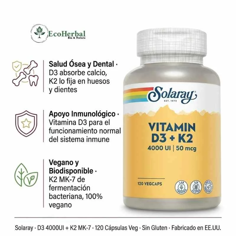SOLARAY - Vitamina d3+k2 4000ui 120 vegcaps | huesos e inmunidad - Imagen 2