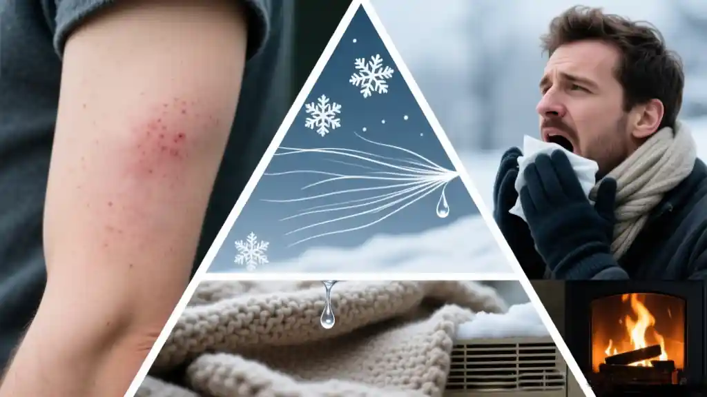 collage dermatitis frio, con un brazo con dermatitis y un hombre estornudando.