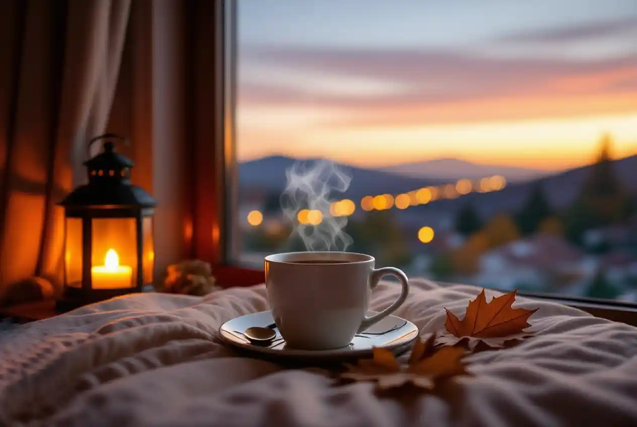 Taza de infusión para combatir el insomnio, en un dormitorio con poca luz.