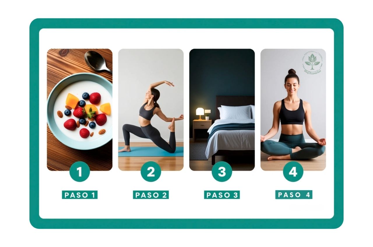 Collage que muestra pasos clave de una rutina nocturna para mejorar el sueño: alimentación, ejercicio, ambiente y relajación.