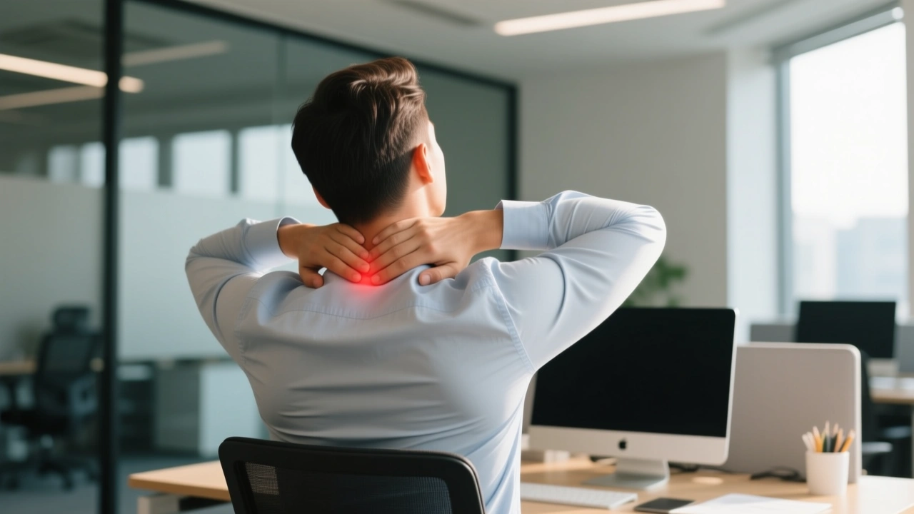 Profesional aliviando la tensión del cuello en una oficina moderna