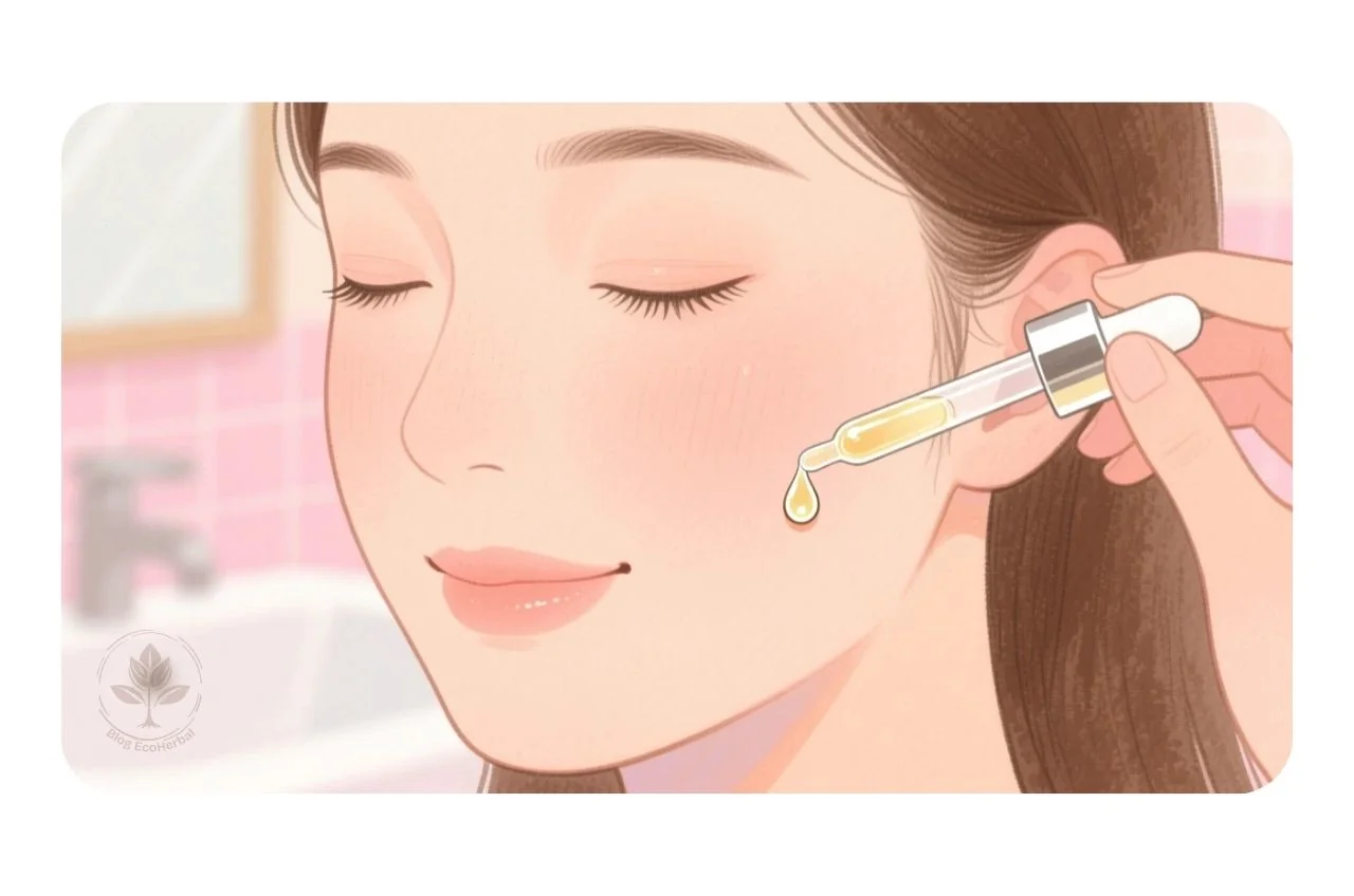 El Momento del Cuidado Facial – EcoHerbal Persona aplicando un sérum facial como parte de su rutina matutina de cuidado.