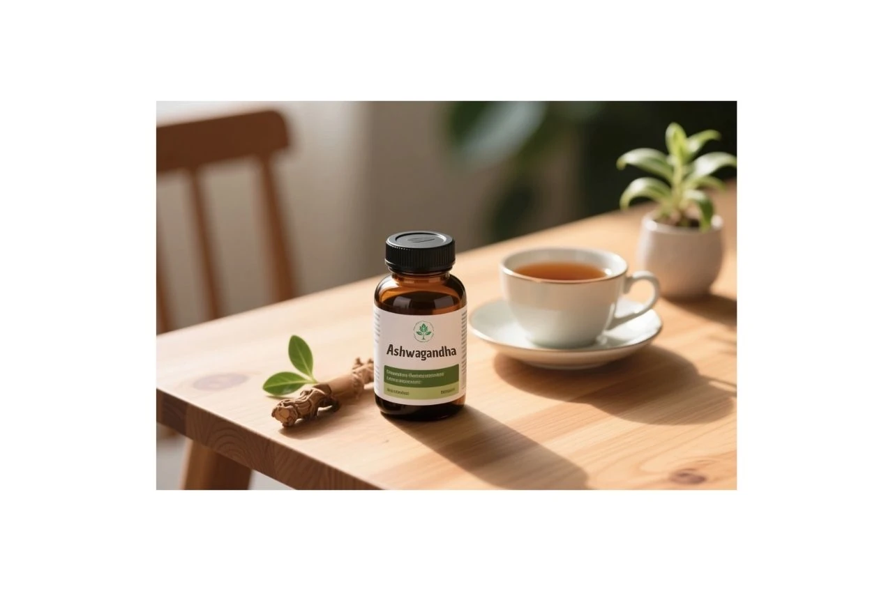 Frasco de Ashwagandha en un entorno de bienestar y autocuidado