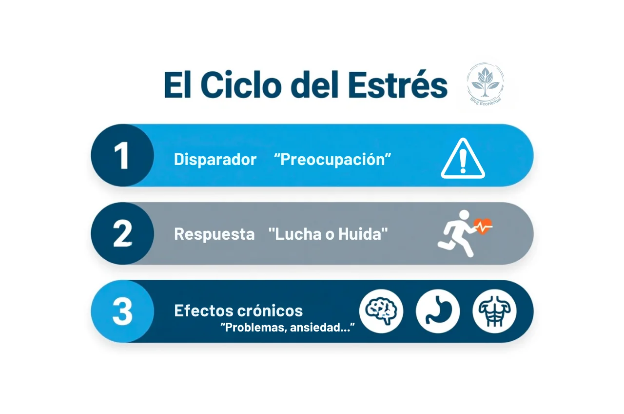 Infografía que explica el ciclo de la respuesta al estrés y sus efectos crónicos