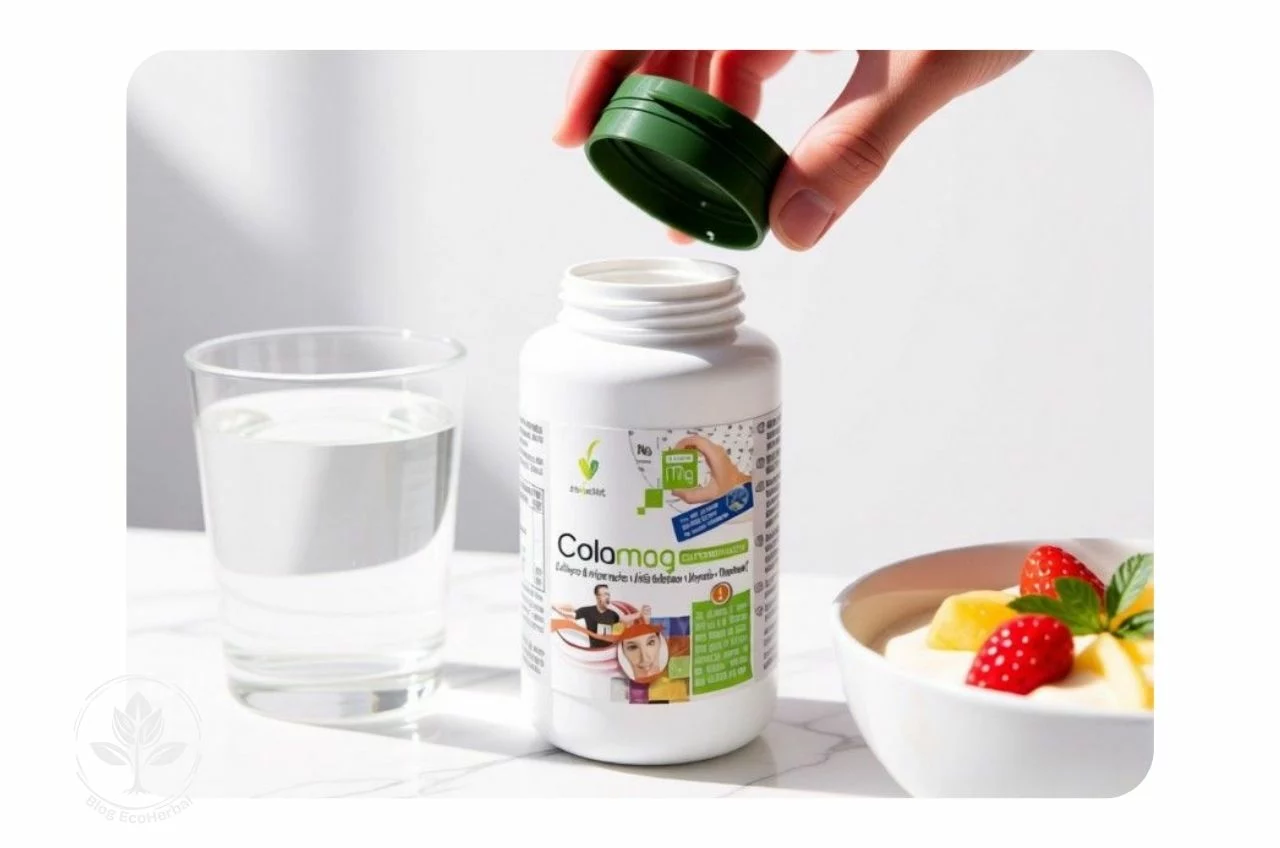 Cápsulas de Colágeno para Articulaciones | Bienestar Natural Primer plano de cápsulas de colágeno junto a un vaso de agua y un desayuno saludable en una estética minimalista.