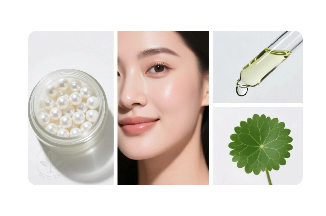 Los Ingredientes Clave para una Piel Sana – EcoHerbal Collage que muestra los ingredientes clave (ceramidas, ácido hialurónico, centella asiática) para una piel sana.