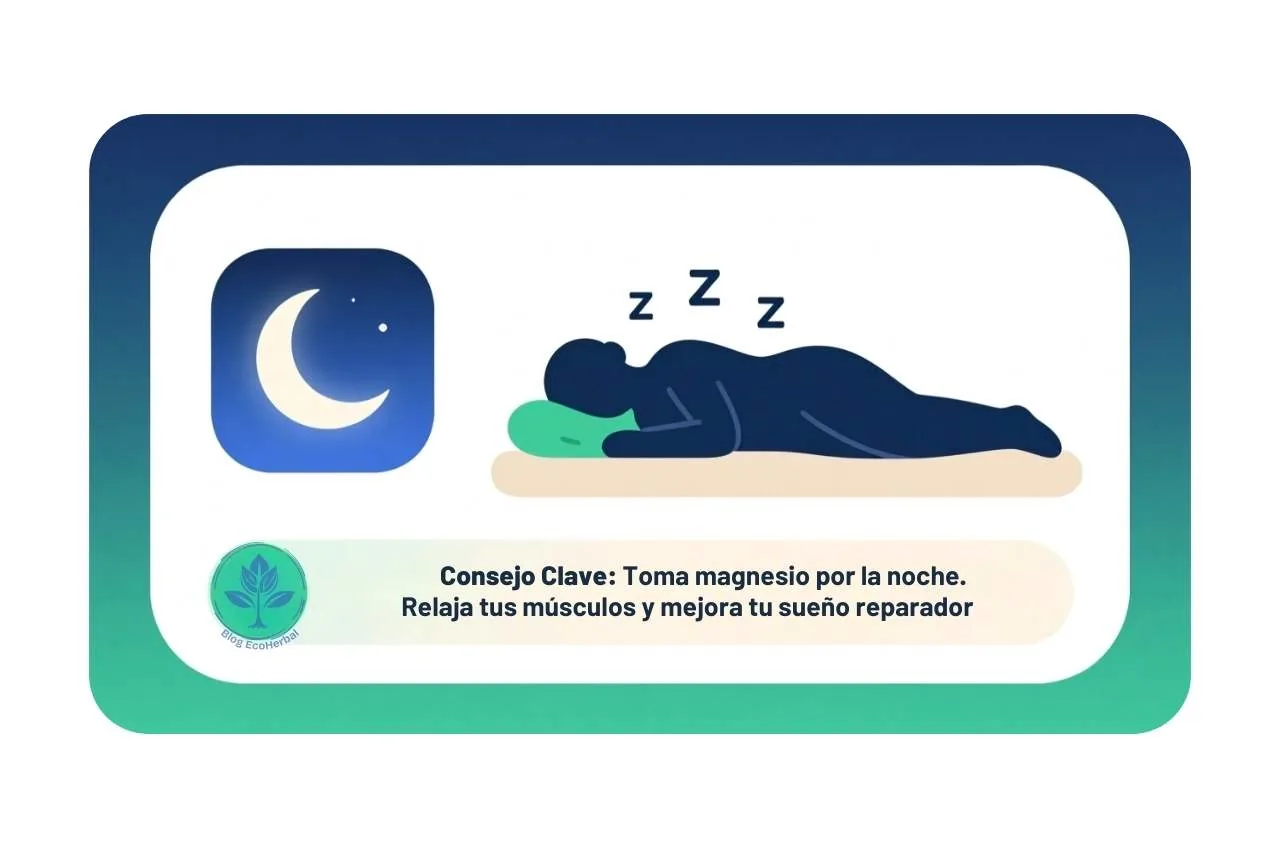 Magnesio para el Sueño Profundo y la Relajación Muscular Viñeta gráfica con una silueta durmiendo y el texto "Consejo Clave: Toma magnesio por la noche para relajar tus músculos y mejorar tu sueño reparador".