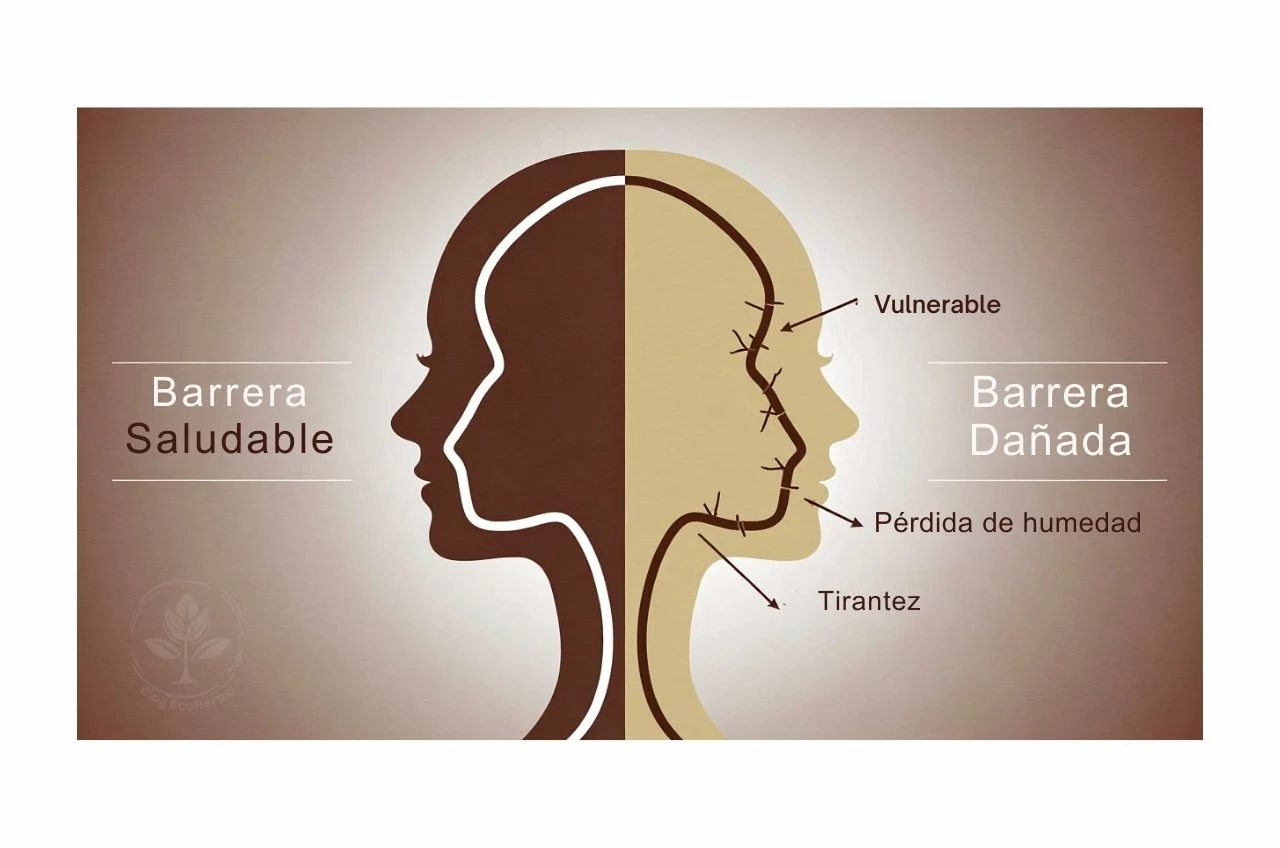 Infografía: Las Dos Caras de tu Barrera Cutánea – EcoHerbal Infografía de una silueta de perfil con dos caras, mostrando una piel protegida y una piel vulnerable.