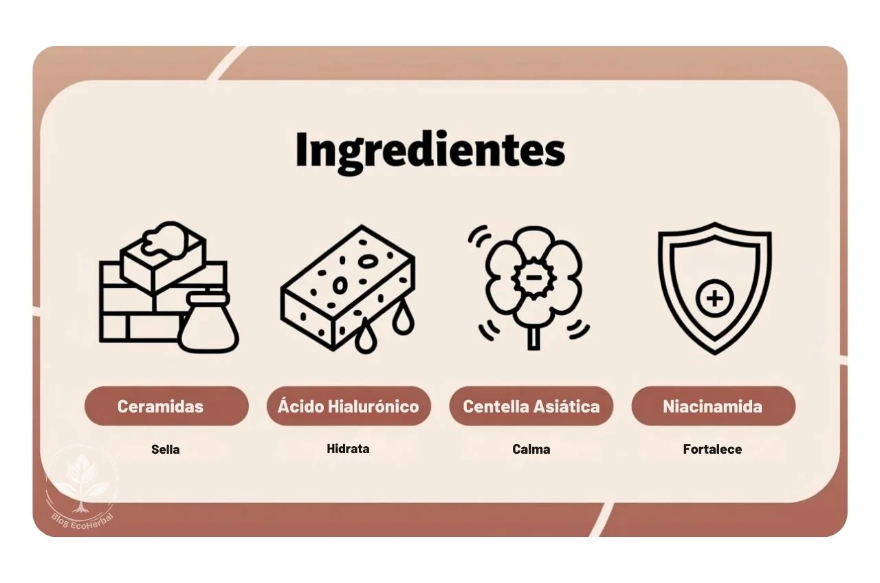Ingredientes para Reparar la Piel Sensible – EcoHerbal Recuadro con los ingredientes estrella para reparar la piel sensible.