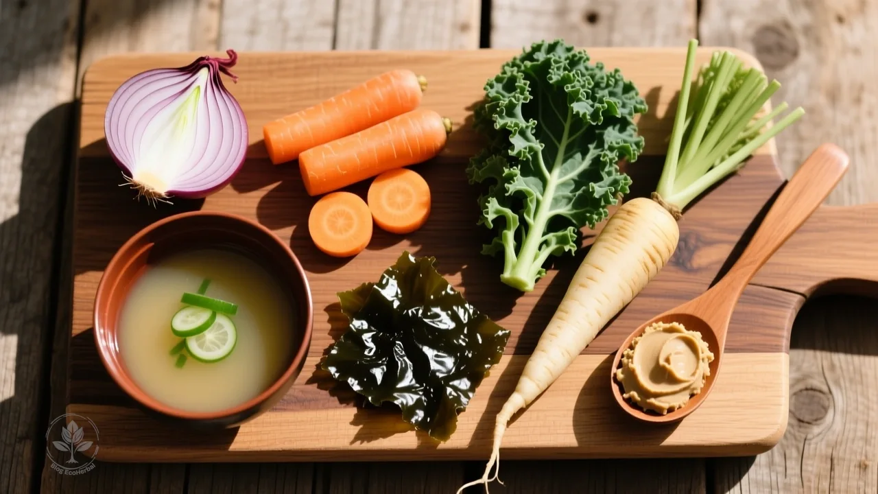 Ingredientes naturales y frescos dispuestos para preparar una sopa de miso casera.