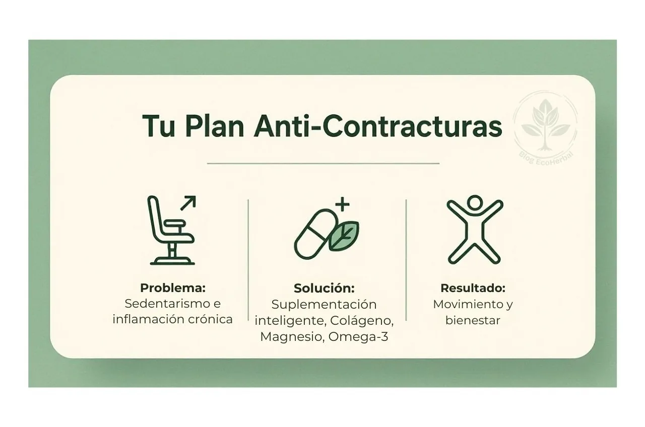 Plan de Acción Anti-Contracturas – EcoHerbal Recuadro gráfico resumiendo el plan de acción contra las contracturas