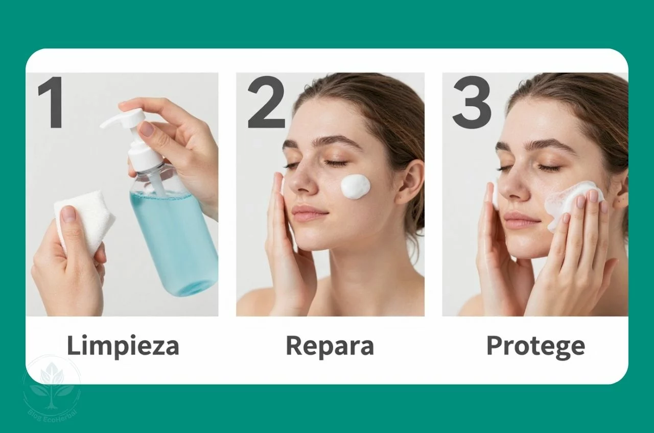 Tu Rutina en 3 Pasos para Piel Sensible – EcoHerbal Collage visual de la rutina de 3 pasos para el cuidado de la piel sensible.