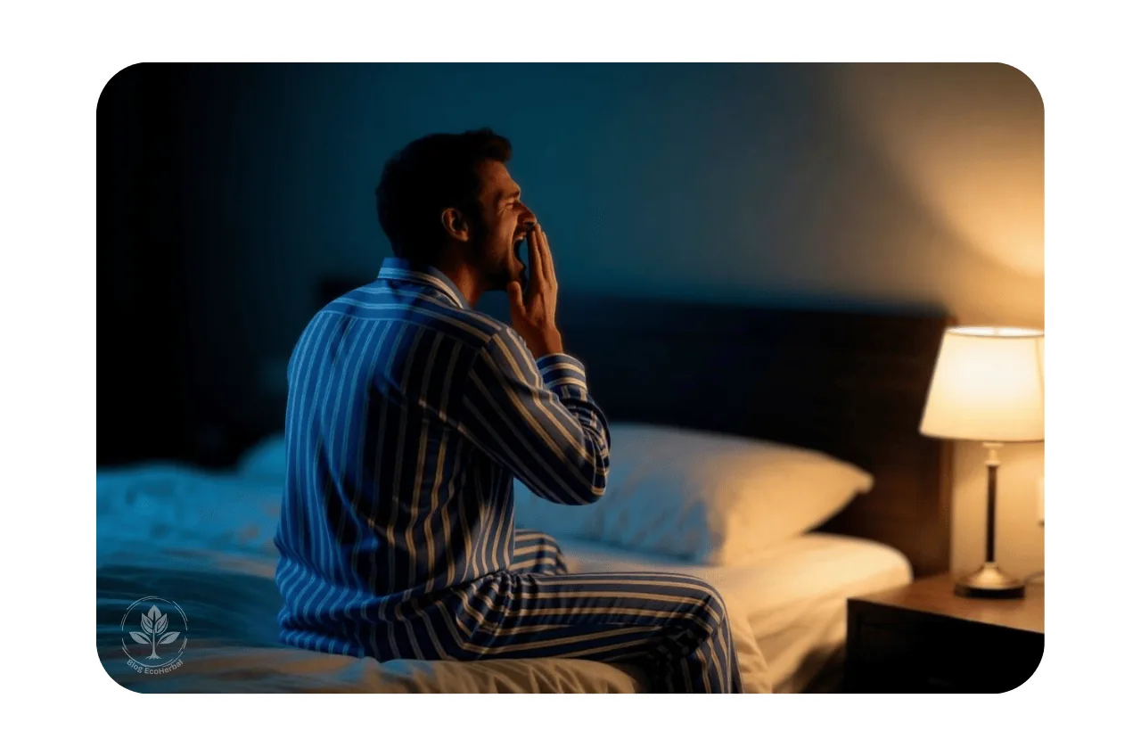 Persona mostrando tensión y preocupación en la cama antes de dormir.