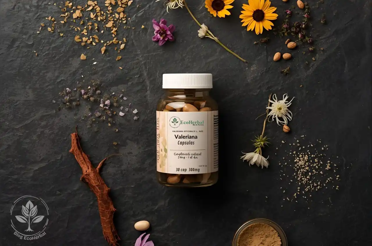 Frasco de complemento de valeriana junto a la raíz de la planta de origen.
