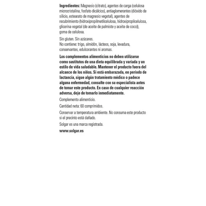 SOLGAR - Citrato de magnesio 60 comp | sistema nervioso y cansancio - Imagen 4