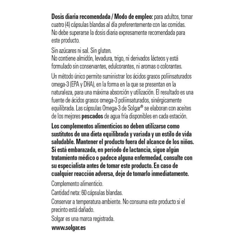 SOLGAR - Omega-3 “alta concentración”. 60 cápsulas blandas. - Imagen 3