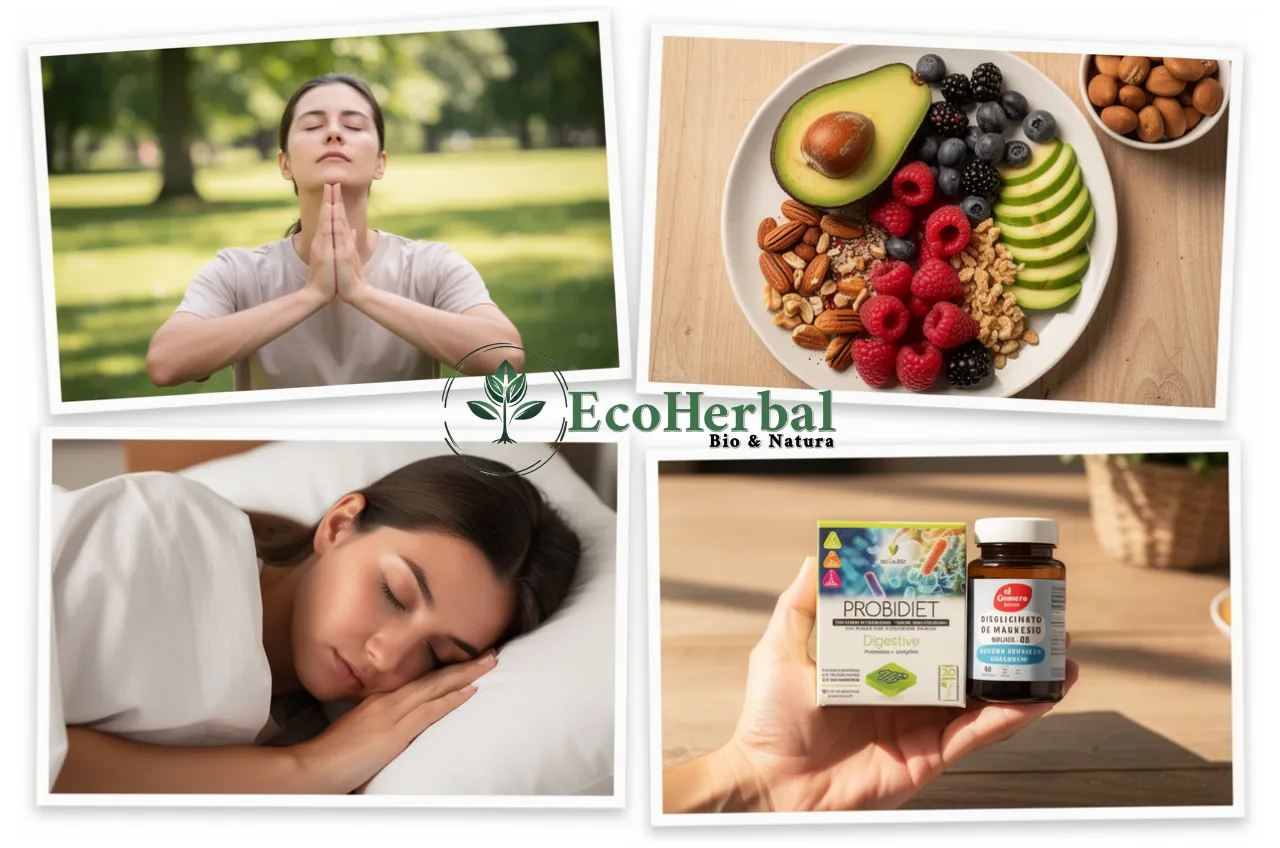 5 Estrategias contra el Estrés Digestivo – EcoHerbal Collage visual mostrando las 5 estrategias para calmar el estrés: respiración, dieta, sueño y suplementos.