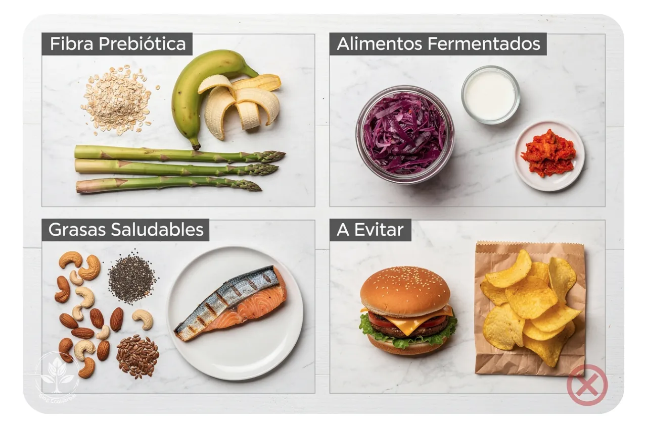Guía de Alimentación Antiinflamatoria – EcoHerbal Iconos que representan los pilares de una alimentación antiinflamatoria para la salud intestinal.