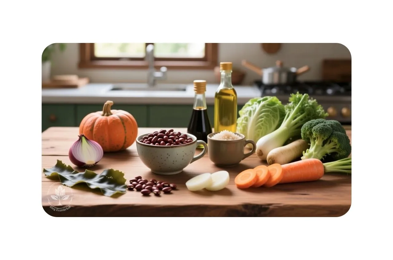 Ingredientes para Azukis Estofadas – EcoHerbal Ingredientes de la receta de azukis estofadas dispuestos en una tabla de madera.