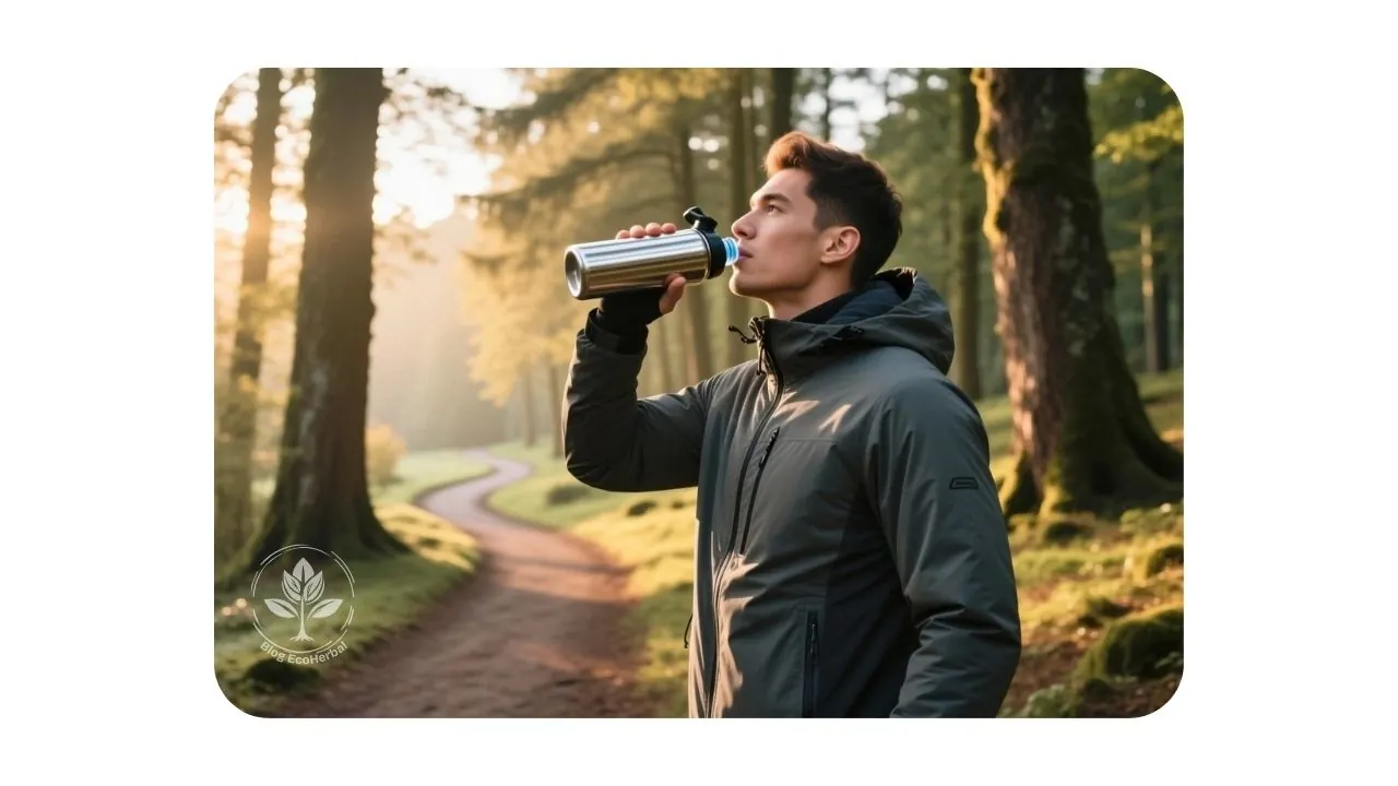 Movimiento y Bienestar – EcoHerbal Persona hidratándose durante una caminata en la naturaleza como parte de un plan de recuperación