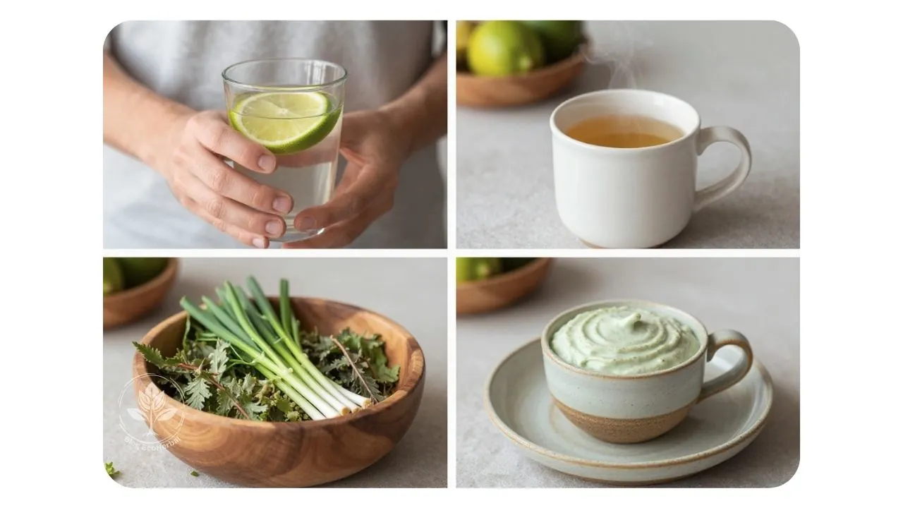 Pasos para Hidratarte y Depurar – EcoHerbal Collage visual mostrando los pasos para la fase de hidratación y depuración de un plan detox