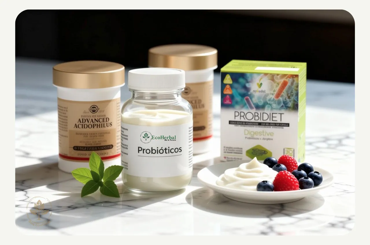 Probióticos para el Estrés – EcoHerbal Frascos de probióticos de calidad junto a un plato de yogur y bayas, representando una solución natural para la ansiedad
