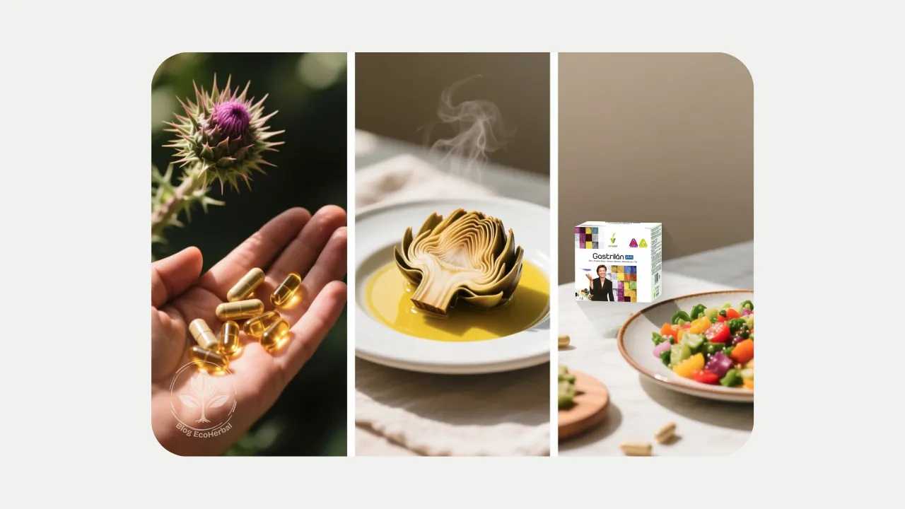 Aliados para tu Hígado y Digestión – EcoHerbal Collage de suplementos y alimentos clave para la salud del hígado y la digestión