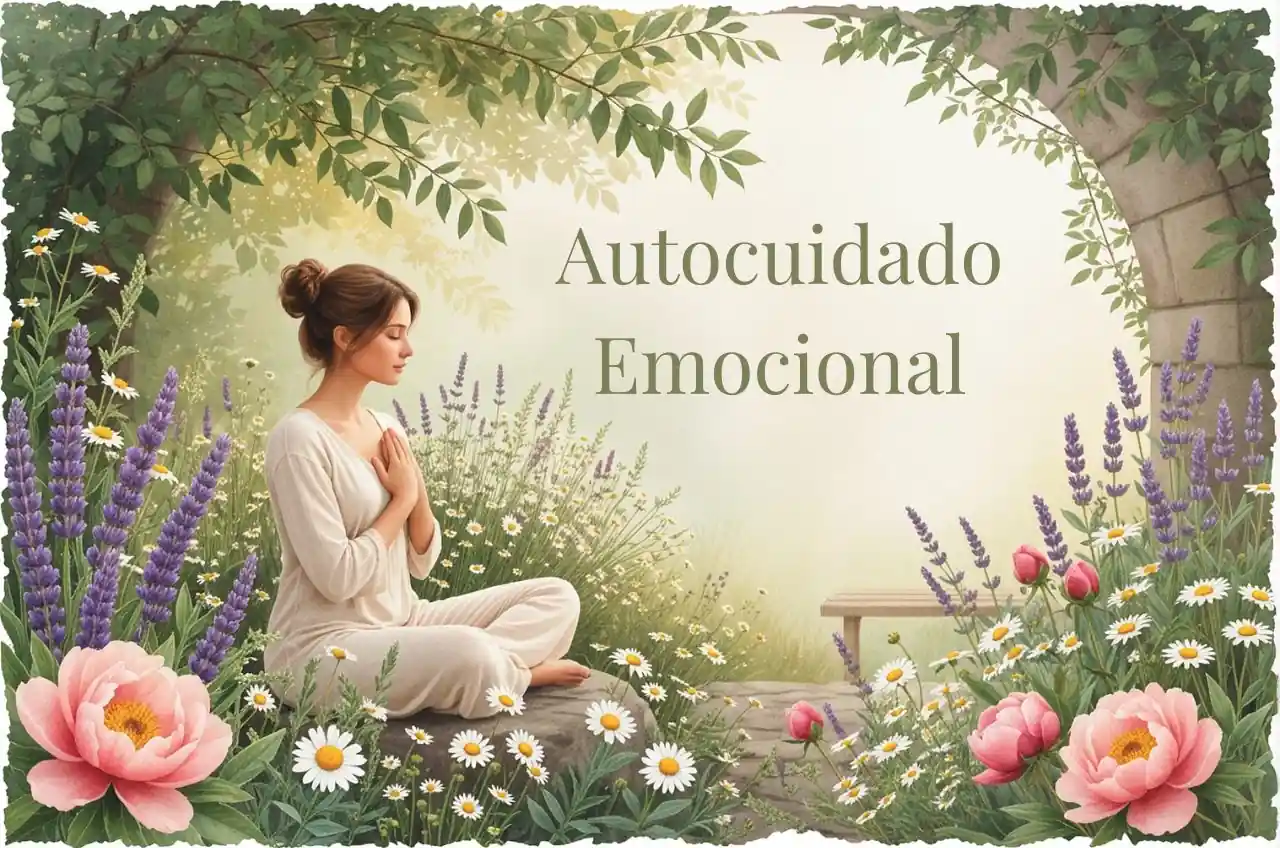 Mujer experimentando un momento de paz y autocuidado emocional en su hogar.