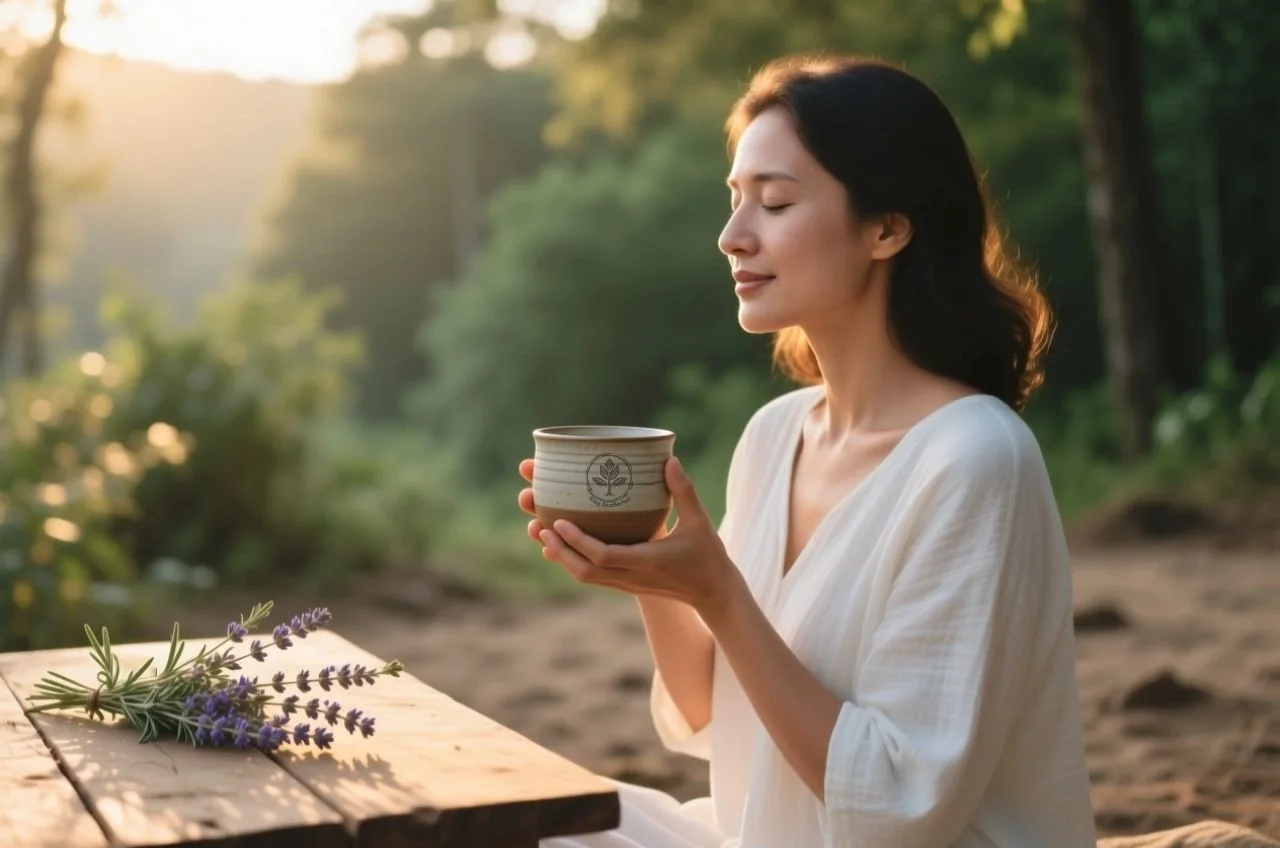 Mujer experimentando paz interior y bienestar emocional en un entorno natural.