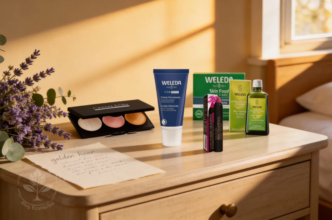 Detalles de regalo con cosmética natural Weleda y Camaleon en un contexto de mesilla de noche íntimo y personal.