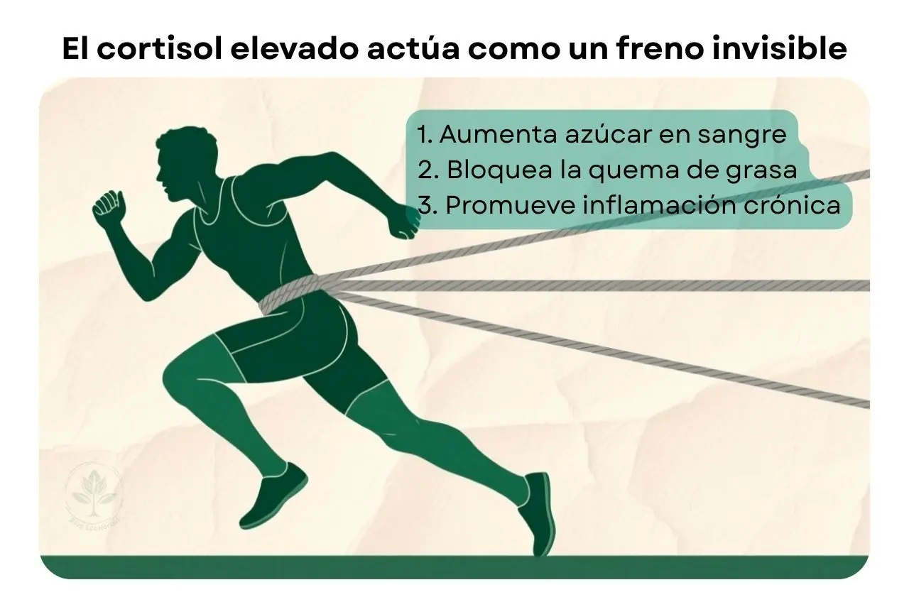resumen visual de los efectos negativos del cortisol en el metabolismo.
