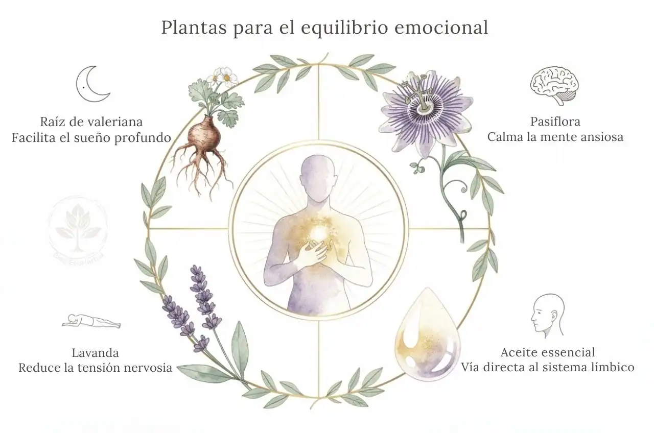 El Jardín de la Calma_ Plantas para Tu Bienestar Emocional Infografía botánica circular sobre plantas medicinales calmantes: pasiflora, valeriana, lavanda y aceites esenciales.