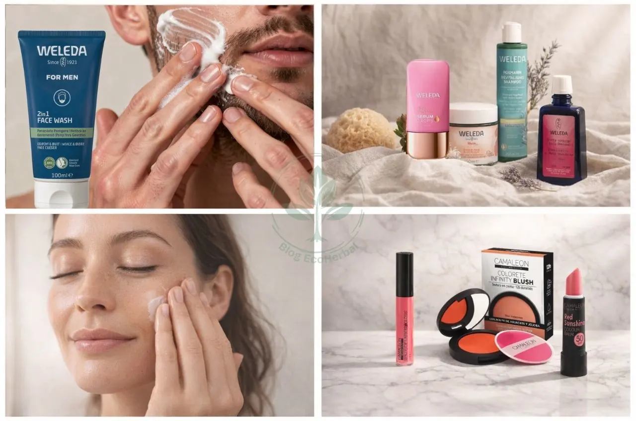 Collage visual mostrando productos de cosmética natural de Weleda y Camaleon ideales para regalar en San Valentín.