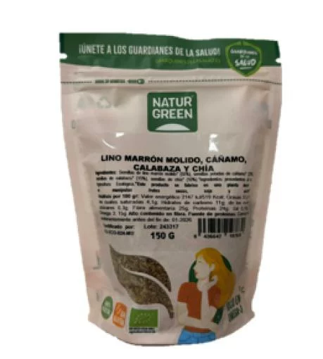 granos y semillas LINO MARRON MOLIDO, CAÑAMO, CALABAZA Y CHIA BIO 150G