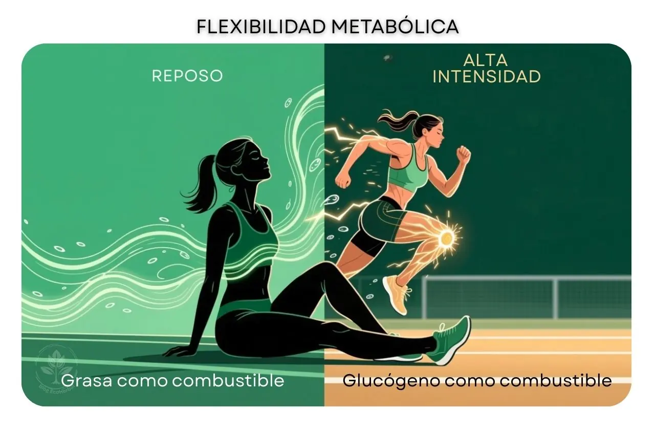 Infografía que explica cómo el cuerpo usa grasa y glucógeno según la intensidad.