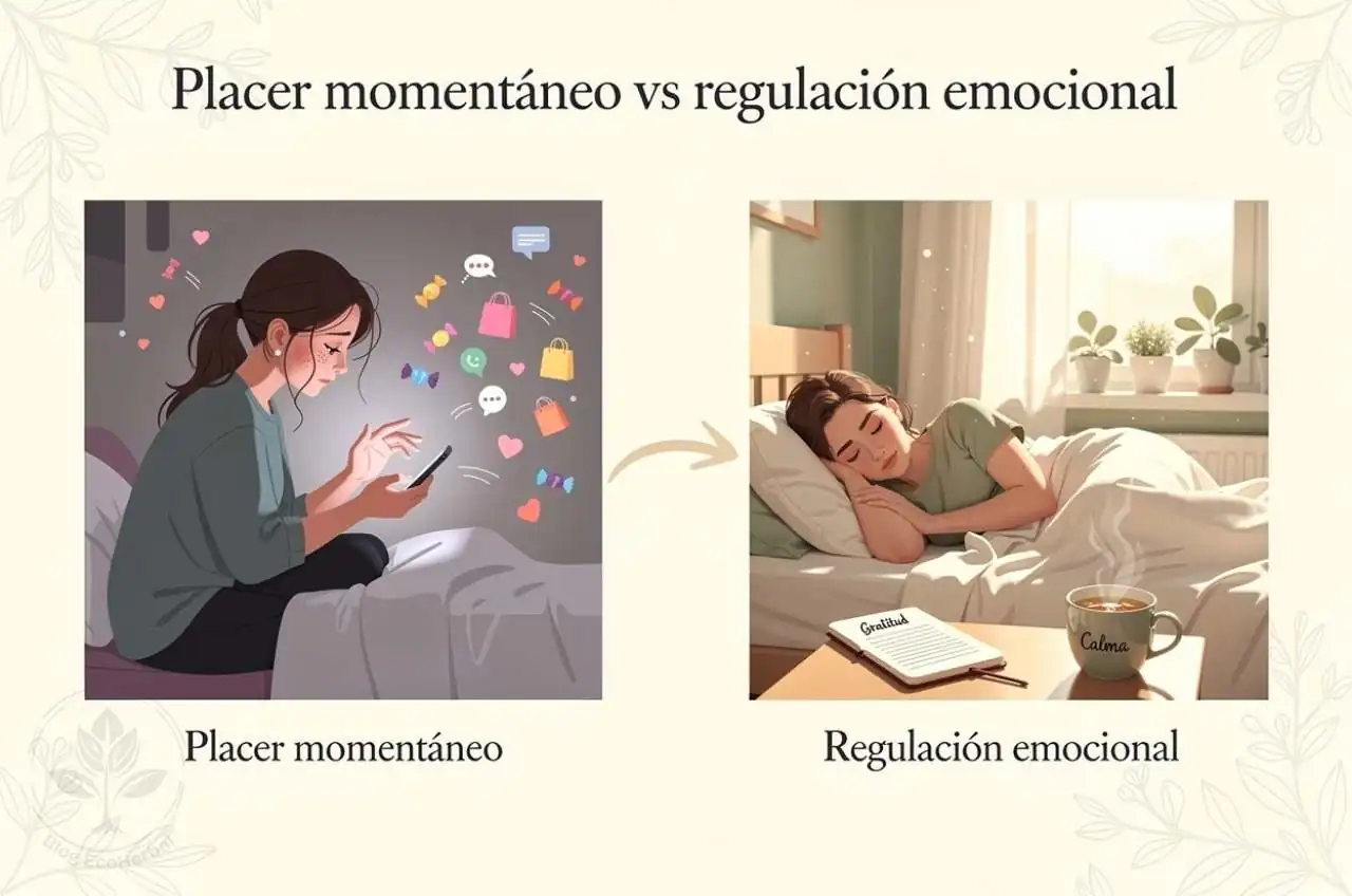 Placer vs. Regulación_ La Diferencia Clave en el Autocuidado Infografía comparativa entre placer momentáneo y regulación emocional en el autocuidado.