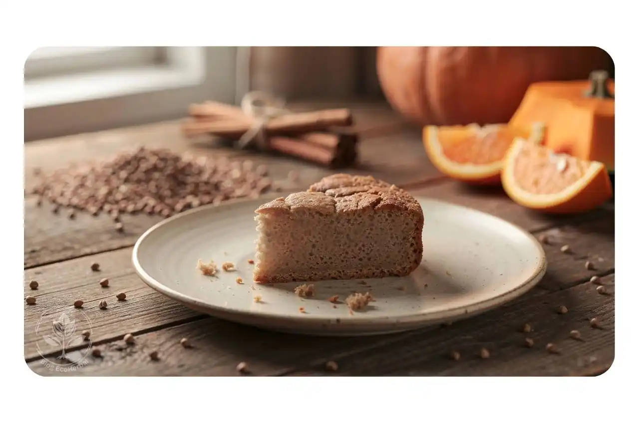 Porción de bizcocho macrobiótico de trigo sarraceno con calabaza y naranja presentado en plato artesanal.