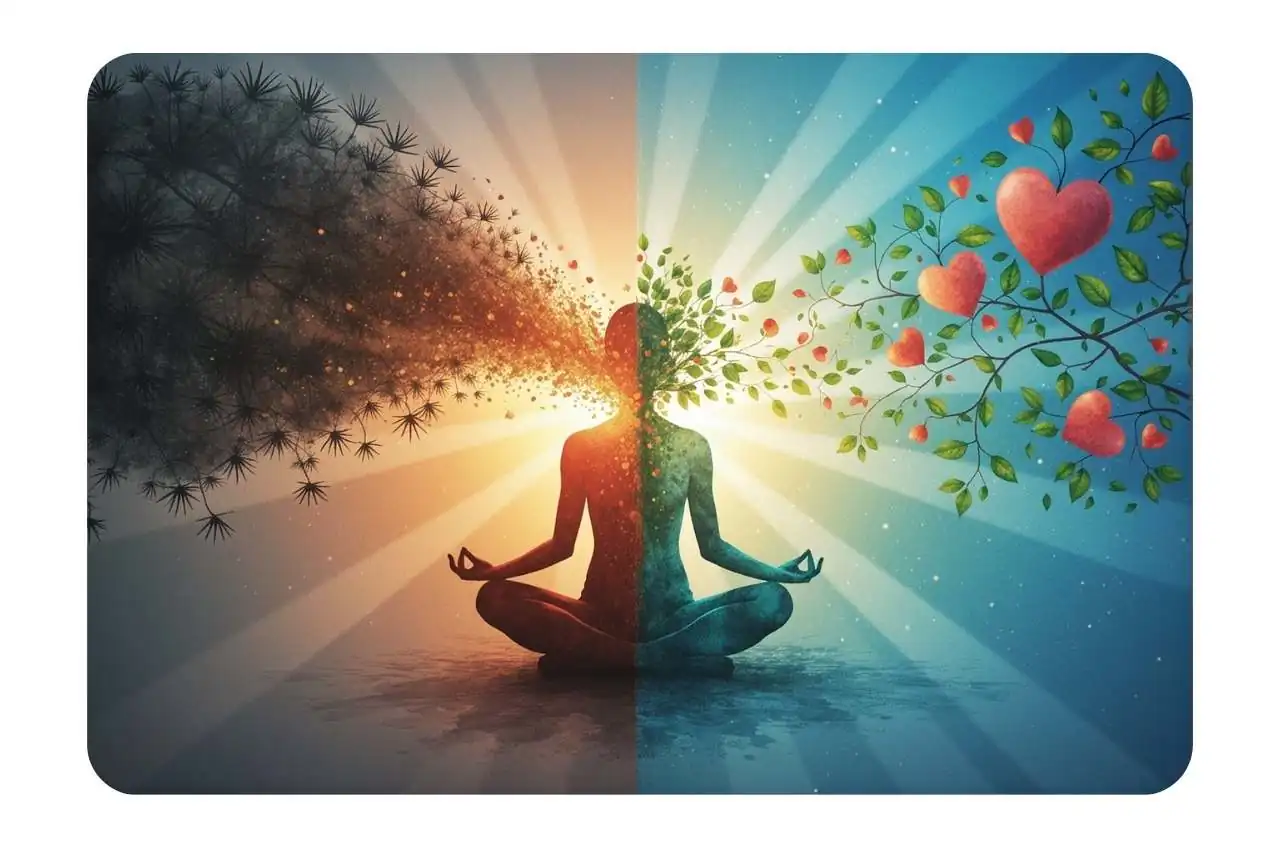 Reestructuración Cognitiva para el Amor Propio – EcoHerbal Viñeta ilustrada sobre la reestructuración cognitiva y el cambio de pensamiento en el autocuidado.