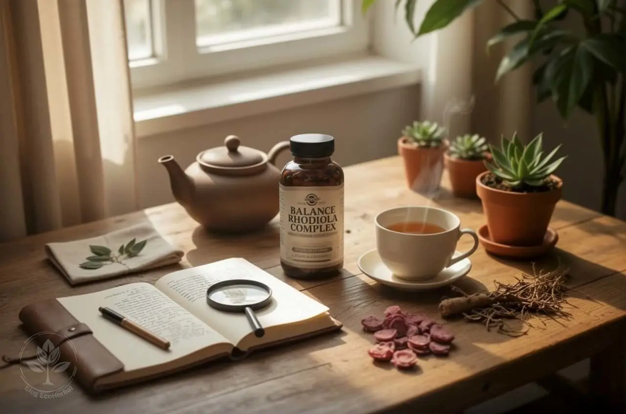 Rhodiola Rosea_ Tu Adaptógeno para la Resistencia Emocional Frasco de suplementos de Rhodiola Rosea en un entorno natural y acogedor.