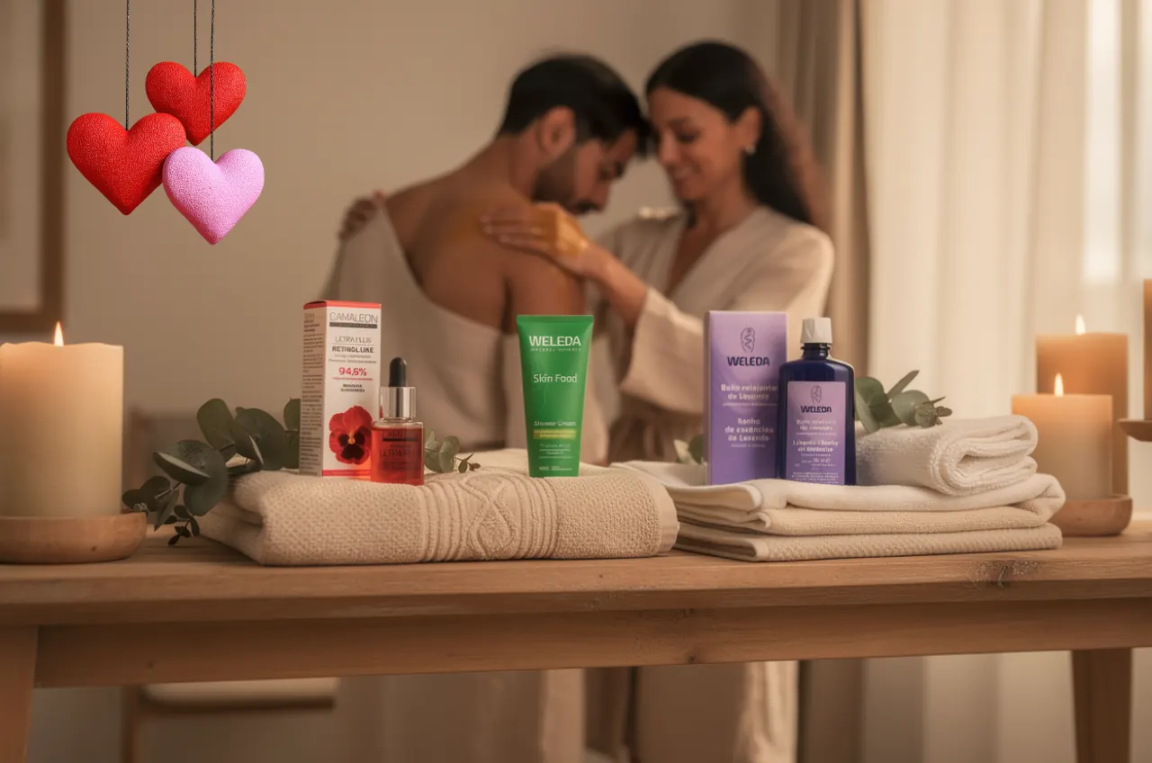 Pareja disfrutando de un ritual de cuidado y conexión con cosmética natural para San Valentín en un spa casero.