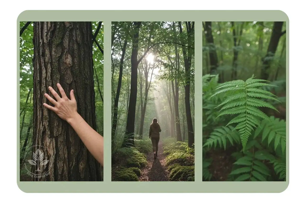Shinrin-Yoku_ La Medicina del Bosque para Tu Sistema Nervioso Collage tríptico ilustrando la experiencia del baño de bosque japonés y la conexión sensorial con la naturaleza.