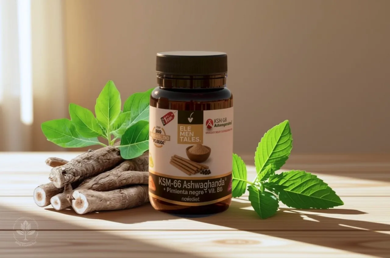 Frasco de Ashwagandha KSM-66 junto a sus raíces naturales.