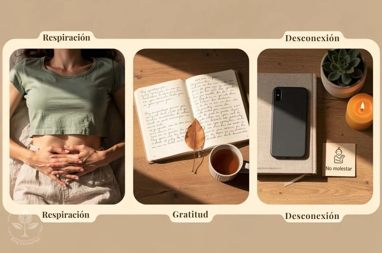Tres Puertas Hacia Ti Misma_ Ejercicios de Autocuidado Emocional Collage de tres ejercicios prácticos de autocuidado emocional: respiración diafragmática, diario de gratitud y desconexión digital.