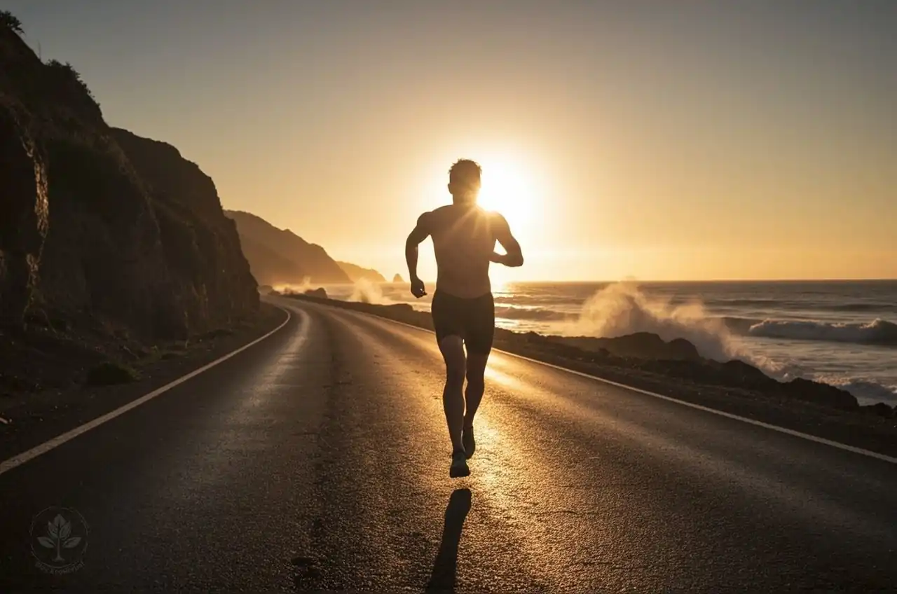 Atleta de triatlón corriendo al amanecer mostrando resistencia y energía.